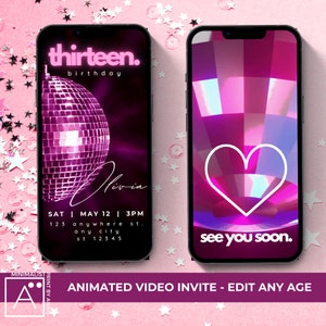 13.Geburtstags-Einladung Disco Ball, Video animiert, bearbeitbar jedes Alter, Evite, Digital, Pink Neon, lädt für Jugendliche, 12., 14., 15., 16