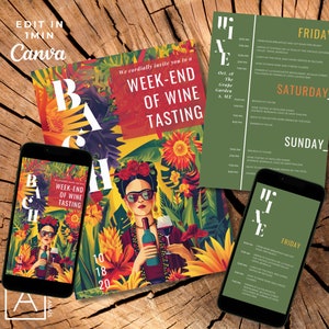 May include: A colorful invitation for a weekend of wine tasting at The Grape Garden. The invitation features a Frida Kahlo-inspired illustration with a woman holding a bottle of wine. The text on the invitation reads "We cordially invite you to a Week-End of Wine Tasting".
