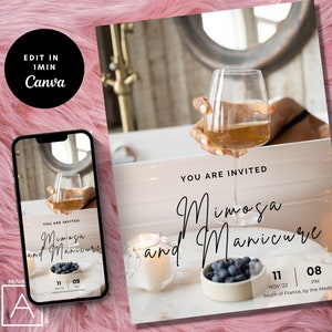 Invito per manicure Mimosa: invito modificabile per una festa con champagne (digitale)