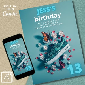 Baskets d'anniversaire bleu sarcelle pour fille, 13e anniversaire de téléphone, invitation florale papillon, modifiable à tout âge, invitations pour adolescents, Evite, imprimable