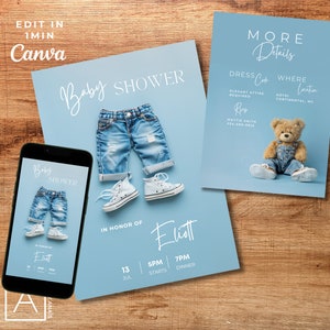 Invito per baby shower con orsetto in denim, invito per vestitini per neonati, modello di INVITO completamente modificabile, stampabile e digitale, orsetto di peluche, è un invito per maschietto