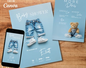 Denim babybeeruitnodiging voor babyshower: bewerkbare sjabloon (afdrukken en digitaal)