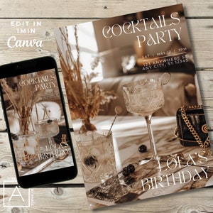Fancy Hygge Happy Hour Invitation, Cocktail Party Birthday: Beige Aesthetics, Editable DIY Flyer Invite, Print Digital, Ladies night Glam