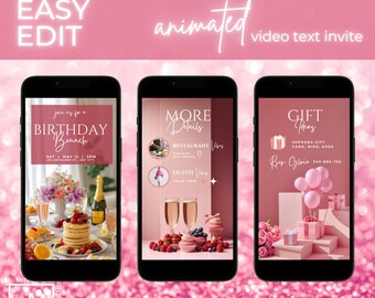 Puede incluir: Tres invitaciones de texto de video animadas para un brunch de cumpleaños. La primera diapositiva muestra una mesa puesta con una pila de panqueques, fruta y copas de champán. La segunda diapositiva muestra un vestido rosa, copas de champán y cupcakes. La tercera diapositiva muestra una caja de regalo rosa, globos y flores.