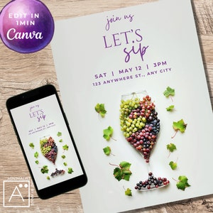 Editable Wine Birthday invitation, Winery Invite, Wine tasting, Dinner Party, Fine Like Wine, Let&#39;s Sip, Floral, Printable or Text Invite