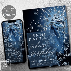 Denim & Diamonds Birthday Invitation: Editable Party Invite (Digital)