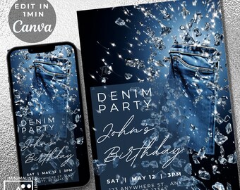 Invitación de cumpleaños de mezclilla y diamantes: invitación digital editable