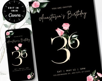 36h birthday invitation, FULLY Editable Invite ANY AGE, pink rose birthday party, invitation template, Print and Digital