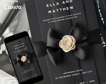 Minimalist Black & White Wedding Invitation with Bow (Digital)