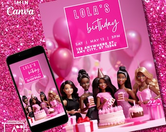 Pink Doll Birthday Invitation: Dark Skinned Dolls, Printable Template (Digital)