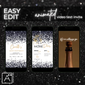 May include: A digital invitation for a 30th birthday party with a black and gold glitter background. The invitation includes the text "Charlotte's 30th Birthday" and details about the event, including the date, time, and location. The invitation also includes a section for "More Details" with information about the dress code and gift suggestions.