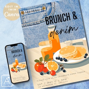 denim brunch invitation, denim birthday invitation, denim invite, denim party, blue jeans and bling, denim birthday, EDITABLE INVITATION
