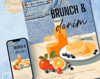 Invitación de brunch con diseño de mezclilla y diamantes: invitación digital editable para fiesta de cumpleaños