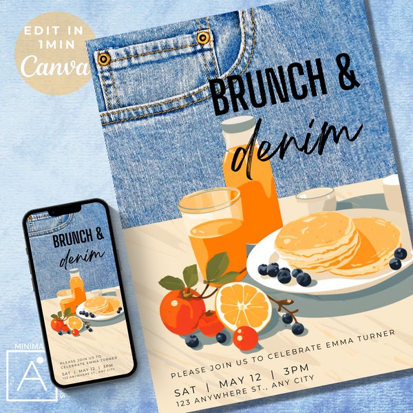 denim brunch invitation, denim birthday invitation, denim invite, denim party, blue jeans and bling, denim birthday, EDITABLE INVITATION