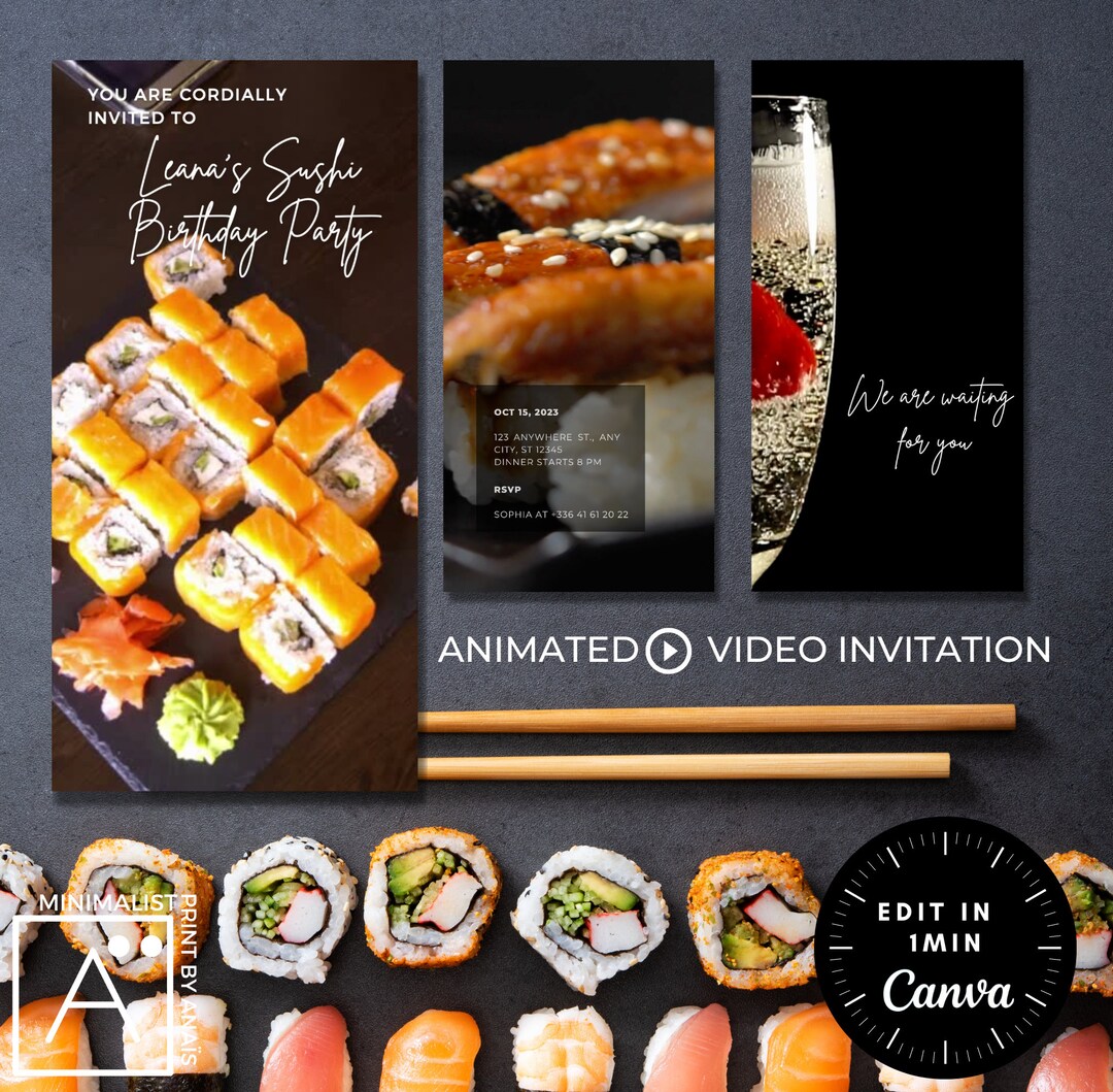 Sushi Video Birthday Invitation EDITABLE, Printable Sushi Party