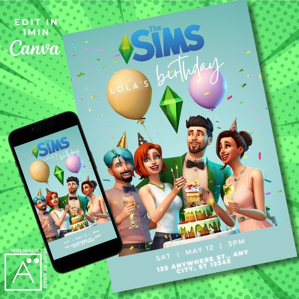 Editable The Sims Birthday Invitation, Sims 4, Plumbob, birthday party flyer, Millenials party, canva birthday invitation