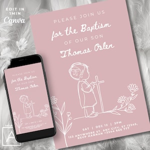Modern Pink Wildflower Girls Baptism Invitation, Minimalist Baby Christening Invite, Floral Baptism, Whimsical Handwritten, Print & Digital