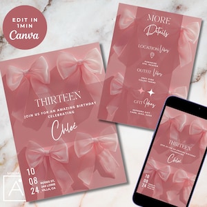 Invito per pigiama party per il 13° compleanno, telefono e stampa, modificabile per qualsiasi età, fiocchi rosa cipria, inviti di compleanno animati per adolescenti, Evite, digitale