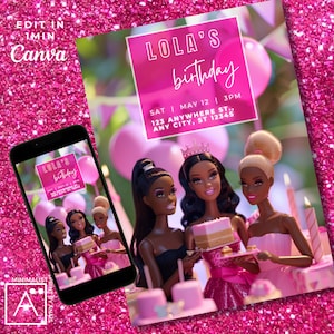 Dark skinned Doll Invitation, Pink Doll Birthday Party, Invite Digital Invite, Printable Template, birthday party flyer, Bachelorette, Edit