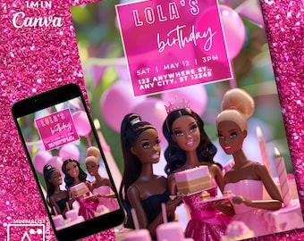 Pink Doll Birthday Invitation: Dark Skinned Dolls, Printable Template (Digital)