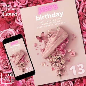 Baskets d'anniversaire pour fille, 13e anniversaire d'invitation téléphonique rose poudré, modifiable à tout âge, vidéo d'animation, invitations pour adolescents, Evite, numérique, ballon