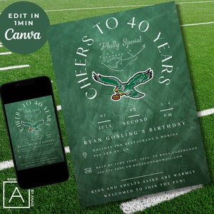 Convite de aniversário de futebol americano do Philadelphia Eagles, convite para celular editável para o Superbowl 2024, fácil de editar, enviar por telefone ou imprimir