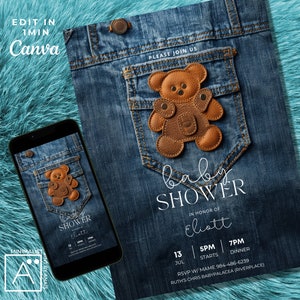 Teddy Bear Denim Baby Shower Invitation: Editable Template