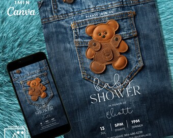 Denim babyshower teddybeer: bewerkbare sjabloon