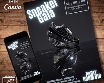 Puede incluir: Un póster en blanco y negro con el texto "Sneaker Gala" en letras blancas. El póster anuncia una fiesta el sábado, mayo a las 8 pm en el 23 Baker Street Miami City, FL 0000. El póster también incluye el texto "Party Room 818" y el código de vestimenta: "Formal w/ dope sneakers".