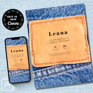denim invitation, denim birthday invitation, denim invitation, denim party, blue jeans and bling, denim birthday, EDITABLE INVITATION
