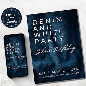 denim birthday invitation, denim and white birthday flyer, denim party decor, FULLY EDITABLE INVITATION, Evite, Printable