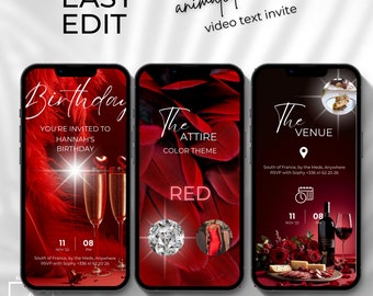 Puede incluir: Tres invitaciones de texto de video animadas para una fiesta de cumpleaños. La primera invitación dice "Cumpleaños" y "Estás invitado a la fiesta de cumpleaños de Hannah". La segunda invitación dice "El atuendo" y "Tema de color: Rojo". La tercera invitación dice "El lugar" y "Sur de Francia, por los Meds, En cualquier lugar. RSVP con Sophy +336 41 62 20 26".