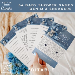 Pacchetto giochi per baby shower, tema orsetto di San Valentino, stampabile MODIFICABILE, palloncini a forma di cuore blu, vestitini per neonati, Oh Baby minimalista, bingo