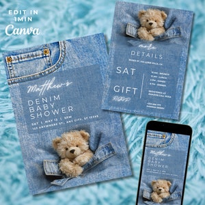 Invito per baby shower a tema orsetto in denim, è un invito per maschietto, modello di invito completamente modificabile, stampabile e digitale, non vediamo l'ora