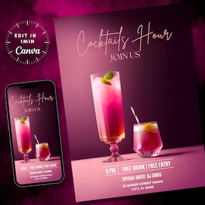 pink cocktail hour invitation template, Editable Invitation, flyer template, cocktail party, cocktail party invite template, happy hour