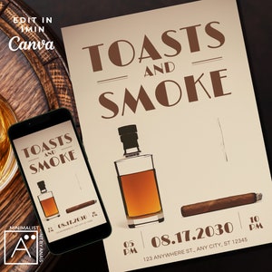 Cigar & Whiskey Invitation | Editable Male Party Invite Toasts and Smoke | Groomsmen, Birthday, or Milestone Celebration | Print and Digital