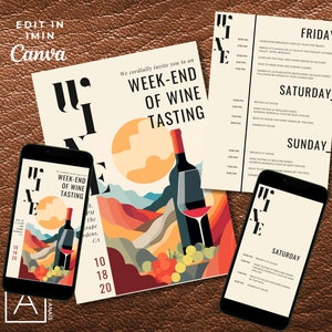Itinerario de vinos Evite + Imprimir, Plantilla editable, Invitación a degustación de vinos Viaje de fin de semana, Cumpleaños o despedida de soltera, Invitación a los treinta sucios, Bodega