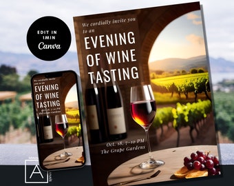 May include: An invitation to an evening of wine tasting at The Grape Gardens on October 18th from 7-10 PM. The invitation features a photo of a wine glass with red wine, a bottle of wine, and grapes on a wooden table with a vineyard in the background.