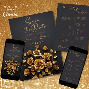 Dark Floral Wedding Invitation Template: Black & Gold (Digital)
