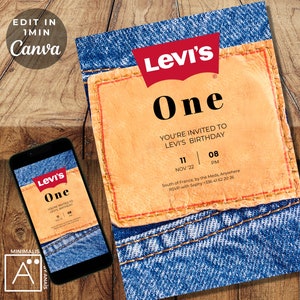 May include: A blue denim invitation with a brown leather patch that says "Levi's One" in black text. The invitation is for a birthday party and includes the date, time, and location. The text on the invitation reads "You're invited to Levi's Birthday, 11 Nov '22, 08 PM, South of France, by the Meds, Anywhere, RSVP with Sophy -336 41 62 20 26".
