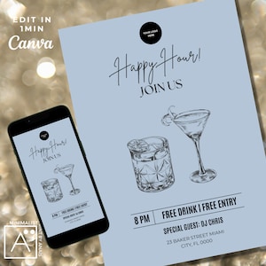 Happy Hour Flyer Invitation, Editable DIY Flyer template, Party Flyer Invite, Cocktails Birthday Evite, Print + Digital, Ladies night, bar