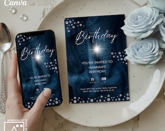 Invitación de cumpleaños de mezclilla y diamantes: Plantilla editable (digital)