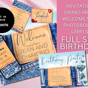 denim diamonds birthday, Birthday Bundle, Photobooth/Welcome Sign/Labels/Invitation/Drink menu, denim party decor, Birthday Party Package