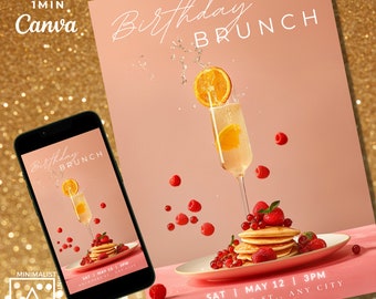 Editable Brunch Birthday Invitation: Pancakes & Champagne (Digital or Printable)
