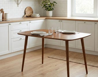 Modern Small Dining Table for Two, Narrow Dining Table for 2 Person, Round Walnut Pine Wood Mid Century Table, MCM Kitchen Table