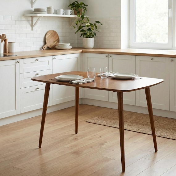 Moderner kleiner Esstisch für zwei Personen, schmaler Esstisch für 2 Personen, runder Esstisch aus Walnuss-Kiefernholz im Mid-Century-Stil, Küchentisch im MCM-Stil