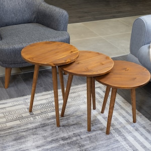 Small Round Nesting Coffee Table, Mid Century Modern Walnut Wood Coffee Table Livingroom Furniture, Nested Table Plant Stand Tall Indoor