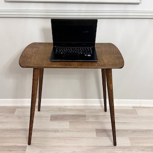 Oval Computer Desk Table, Mid Century Modern Small Space Laptop Desk Home Work Table Office Furniture, Narrow Writing Desk Dark Walnut Wood