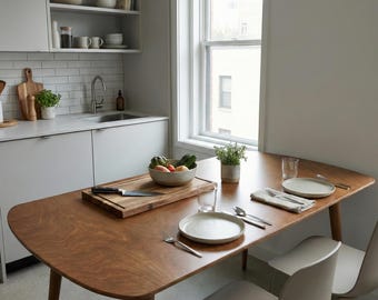 Modern Small Dining Table for Two, Narrow Dining Table for 2 Person, Round Walnut Pine Wood Mid Century Table, MCM Kitchen Table