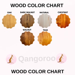 Op de afbeelding: Houten kleurkaart met voorbeelden van eikenhout, donker walnoot, naturel, kastanje, walnoot en teak. De kaart bevat ook het woord "Kangaroo" in witte tekst.